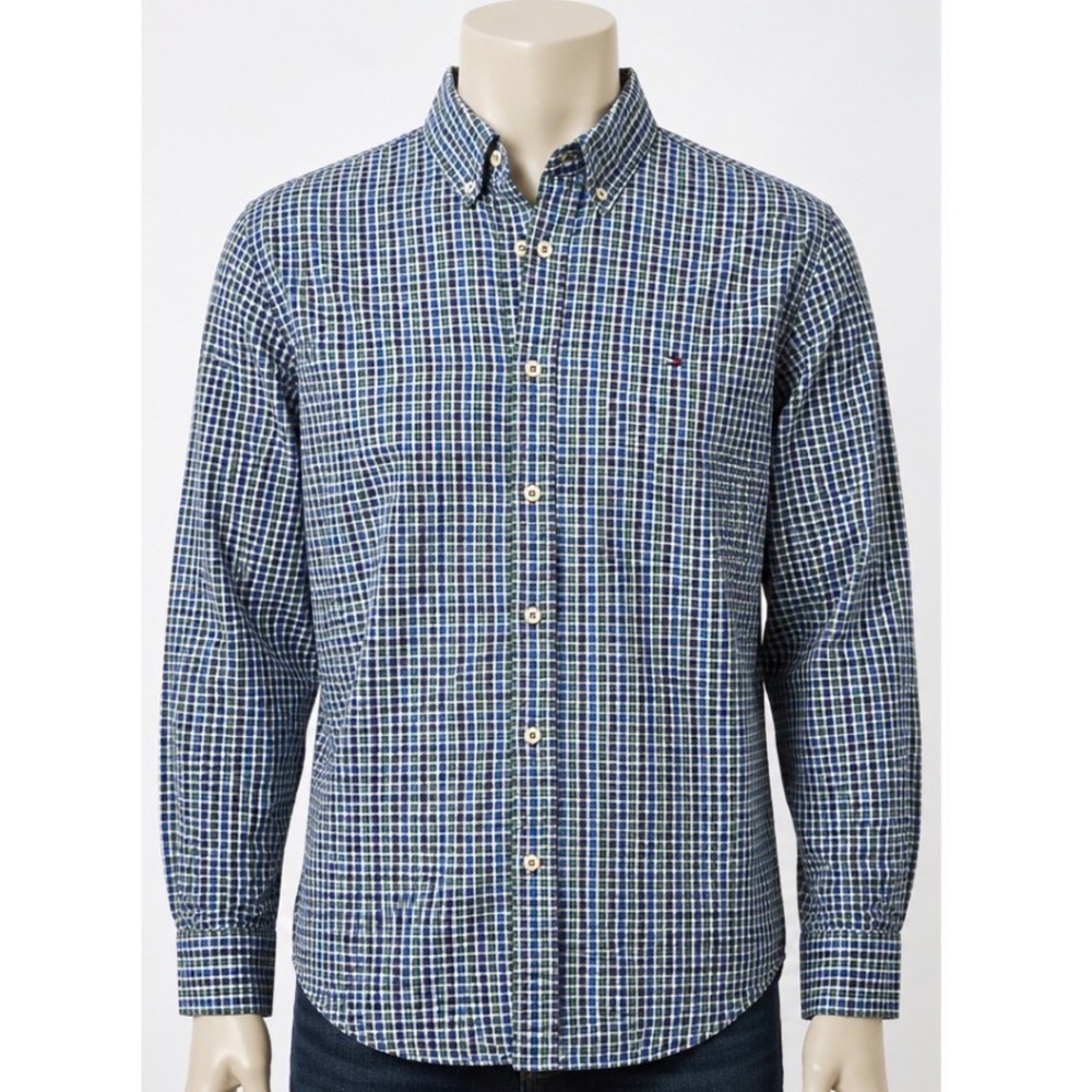 Tommy Hilfiger Mens Custom Fit Blue Green Check Button Down Shirt Medium